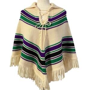 Vintage Macy’s 100% Wool Fringe Poncho Shawl Cream Striped Boho Sweater Cape M
